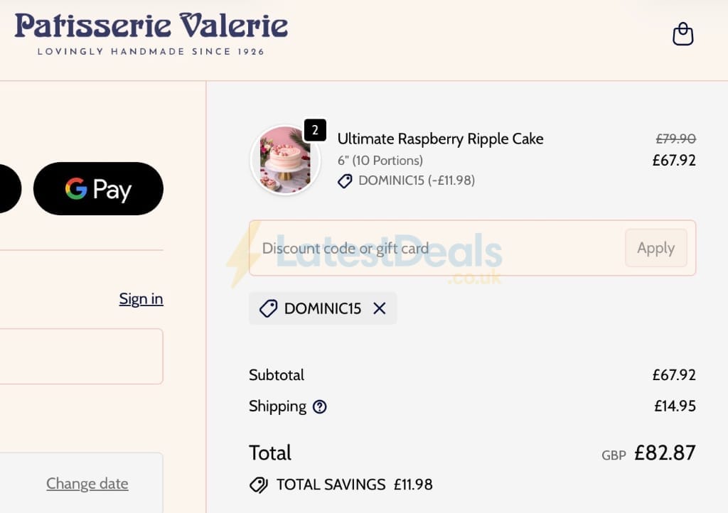Screenshot of the Patisserie Valerie discount code working
