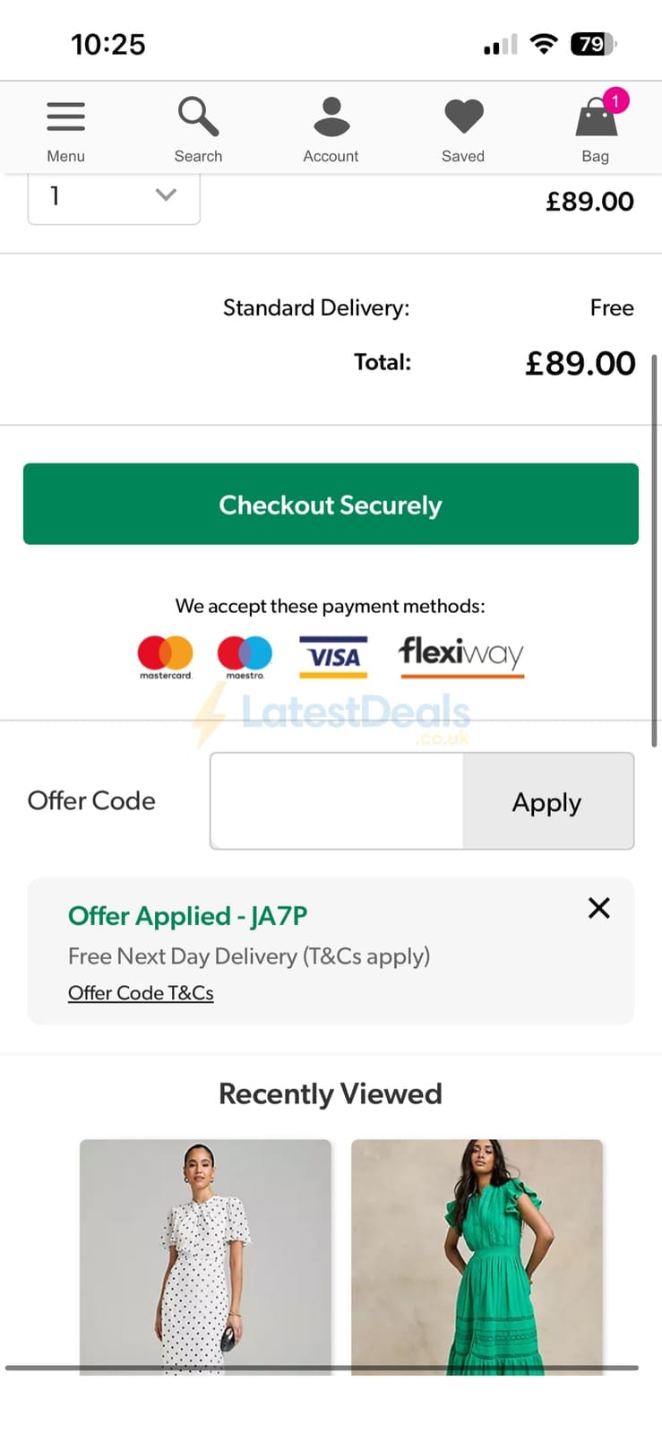 Screenshot of the Grattan discount code working