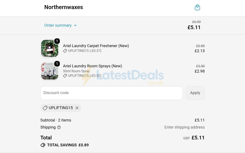 Screenshot of the Northernwaxes discount code working
