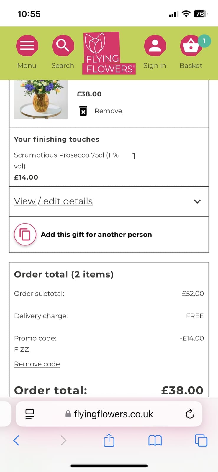 Screenshot of the Flying Flowers discount code working