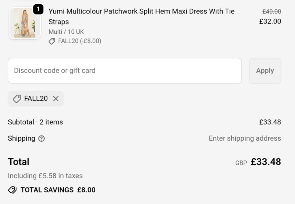 Screenshot of the Yumi discount code working