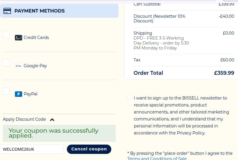 Screenshot of the Bissell discount code working