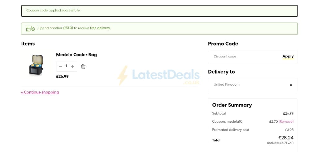 Screenshot of the Medela discount code working