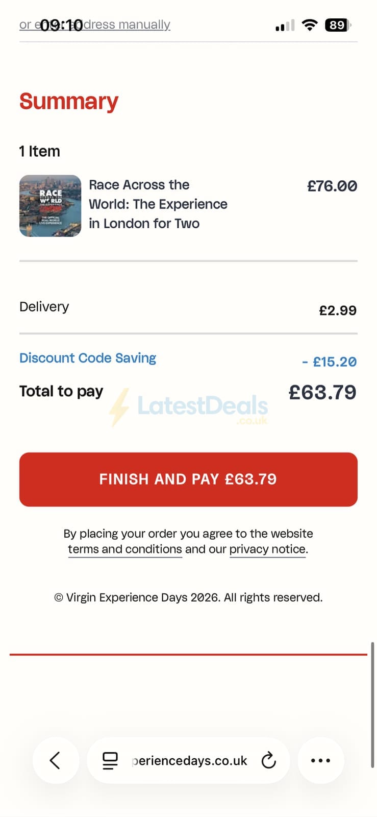 Screenshot of the Virgin Experience Days discount code working
