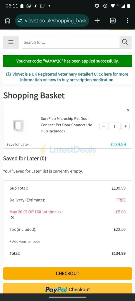 Screenshot of the Viovet discount code working