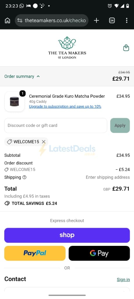 Screenshot of the The Tea Makers discount code working