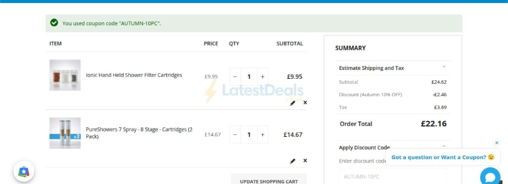 Screenshot of the PureShowers.co.uk discount code working