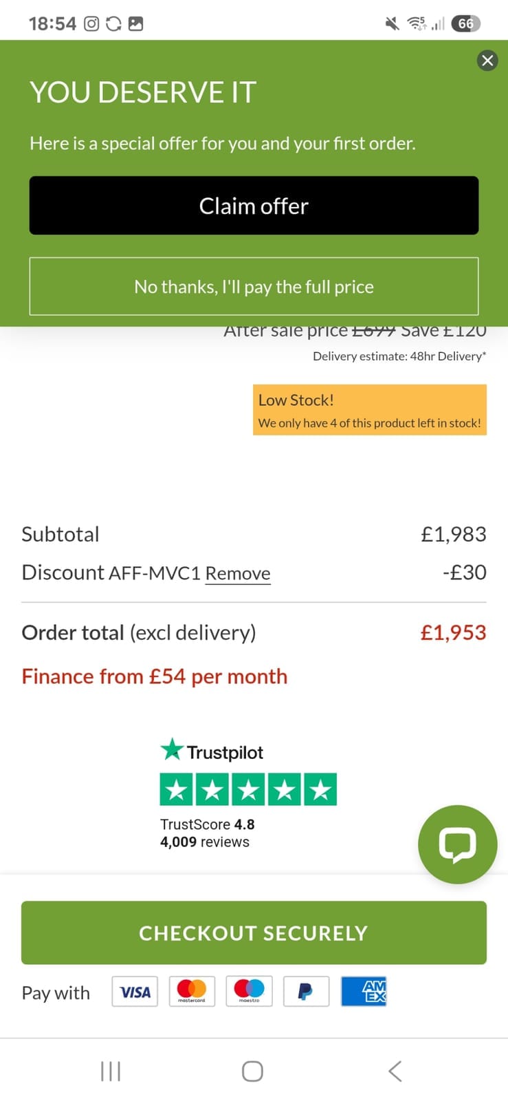 Screenshot of the Oak Furniture Superstore discount code working