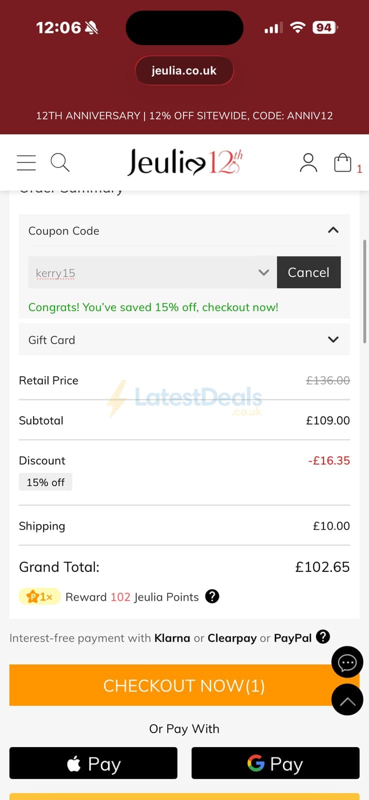 Screenshot of the Jeulia discount code working