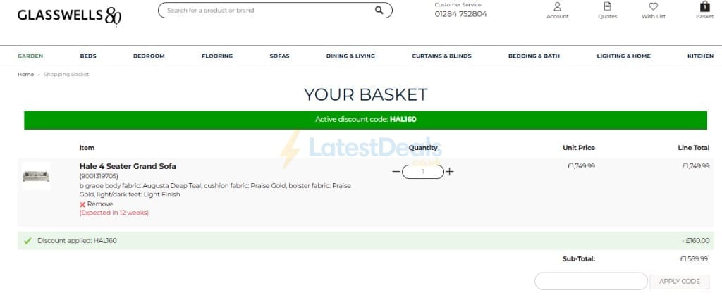 Screenshot of the Glasswells discount code working