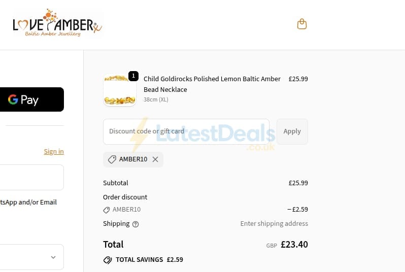 Screenshot of the Love Amber X discount code working