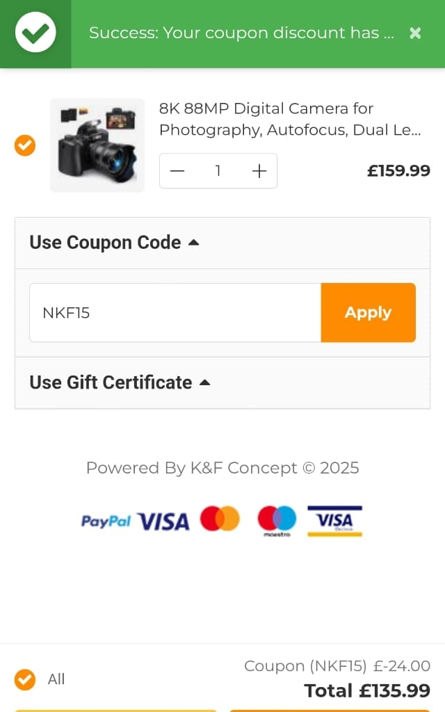 Screenshot of the K&F Concept discount code working