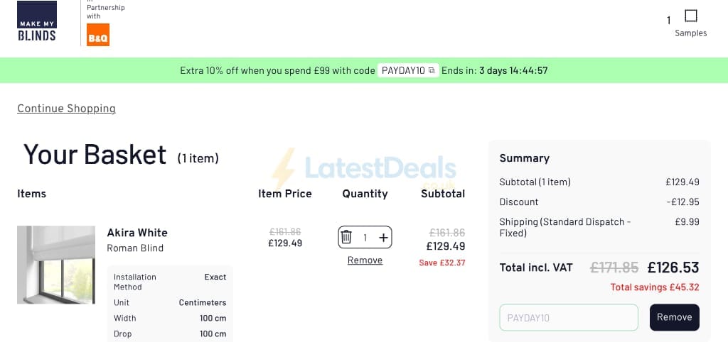 Screenshot of the Make My Blinds discount code working