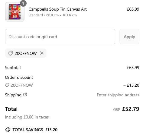 Screenshot of the Wall Art Direct discount code working