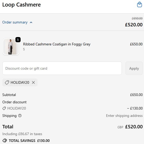 Screenshot of the Loop Cashmere discount code working