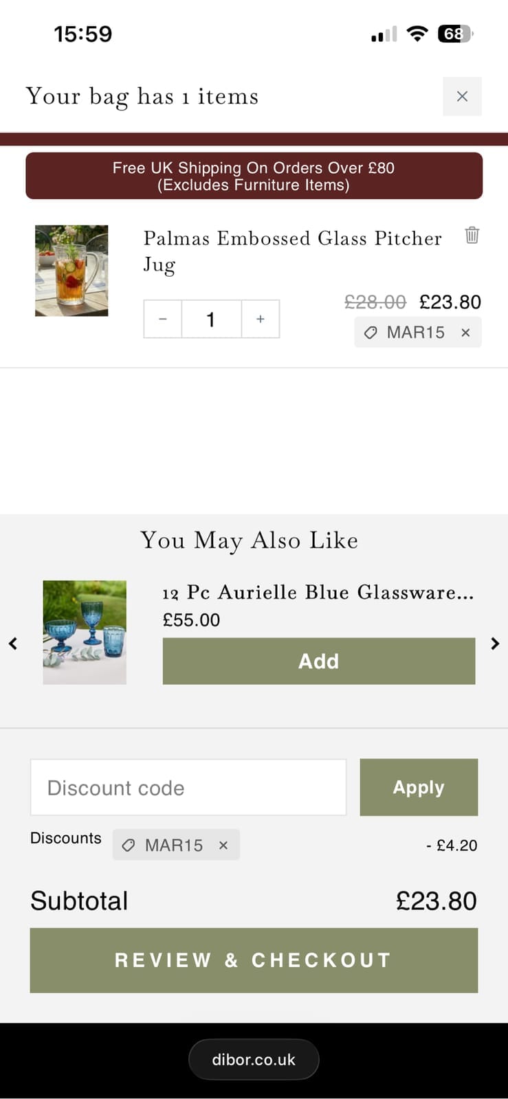 Screenshot of the Dibor discount code working