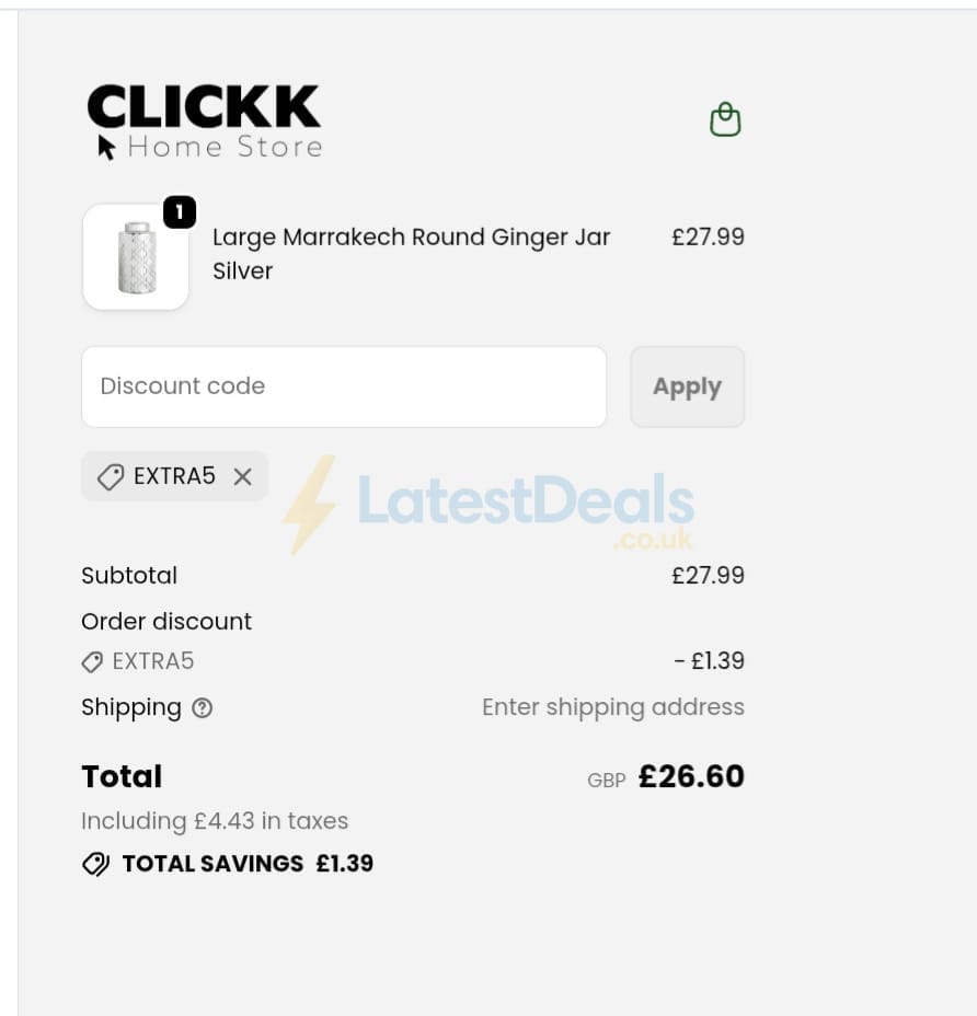 Screenshot of the CLICKK Home Store discount code working