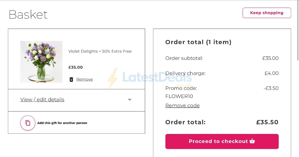 Screenshot of the Flying Flowers discount code working