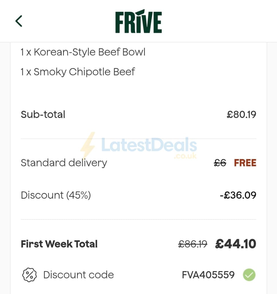 Screenshot of the Frive discount code working