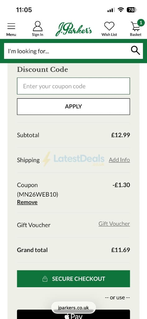 Screenshot of the J Parkers discount code working