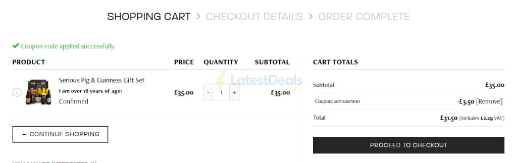 Screenshot of the Seriouspig discount code working