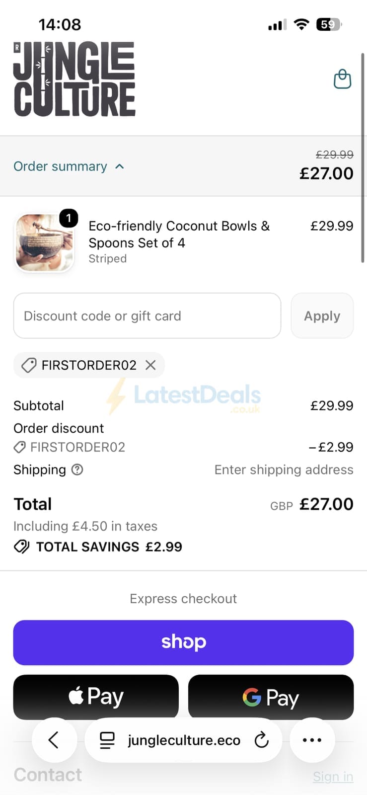 Screenshot of the Jungle Culture discount code working