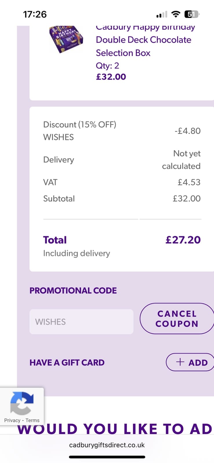 Screenshot of the Cadbury Gifts Direct discount code working