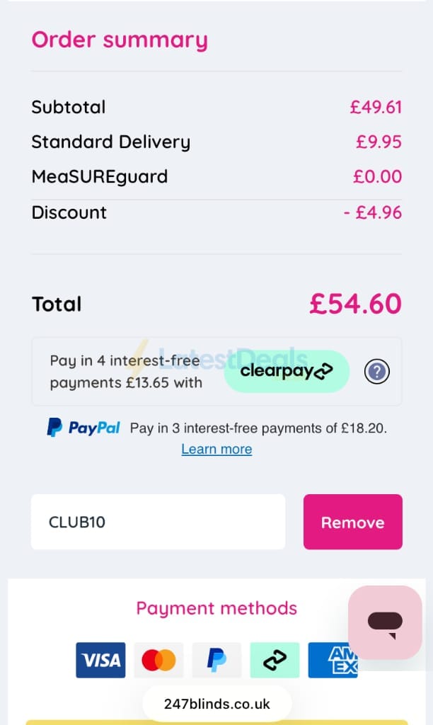Screenshot of the 247 Blinds discount code working