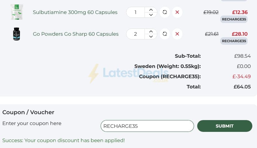 Screenshot of the Raw Powders discount code working