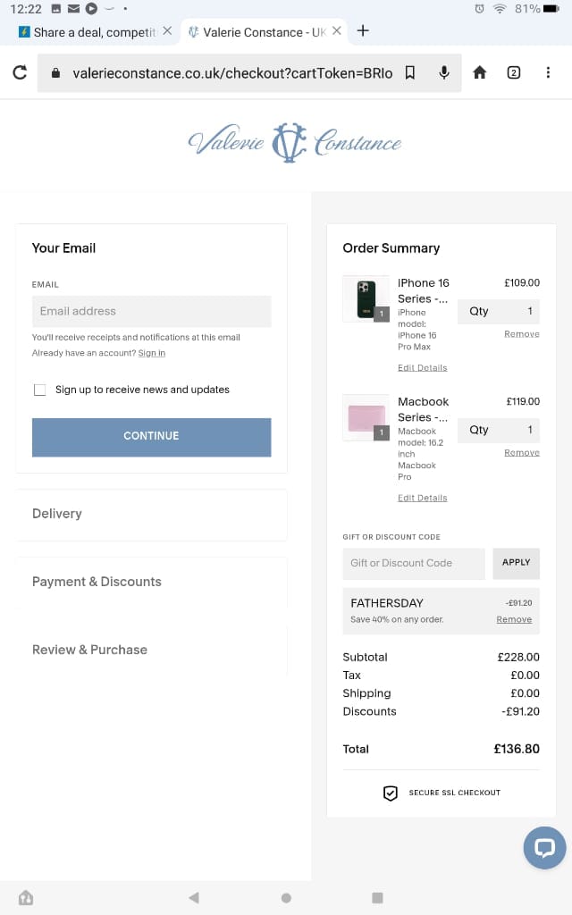 Screenshot of the Valerie Constance discount code working