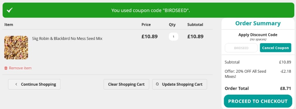 Screenshot of the Love Garden Birds discount code working