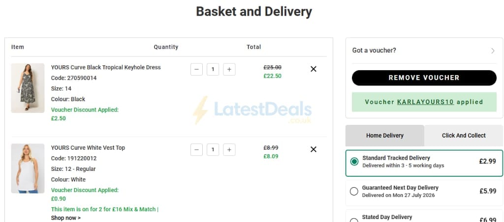 Screenshot of the Yours Clothing discount code working
