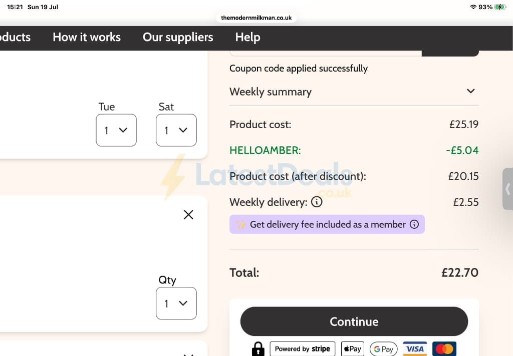 Screenshot of the The Modern Milkman discount code working