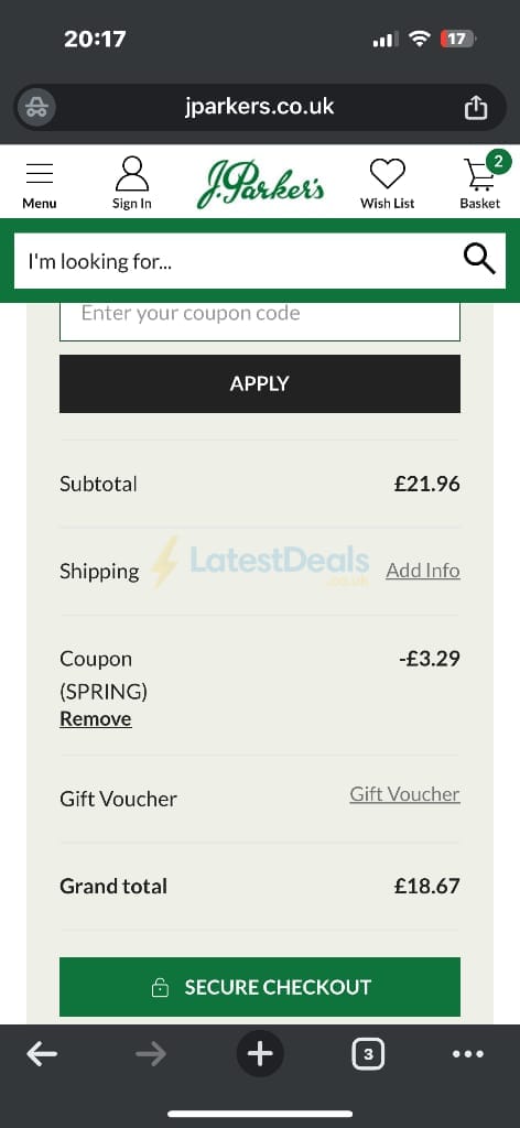 Screenshot of the J Parkers discount code working