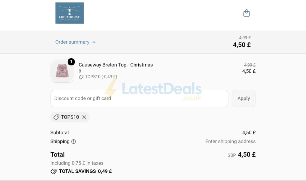 Screenshot of the Lighthouse Clothing discount code working