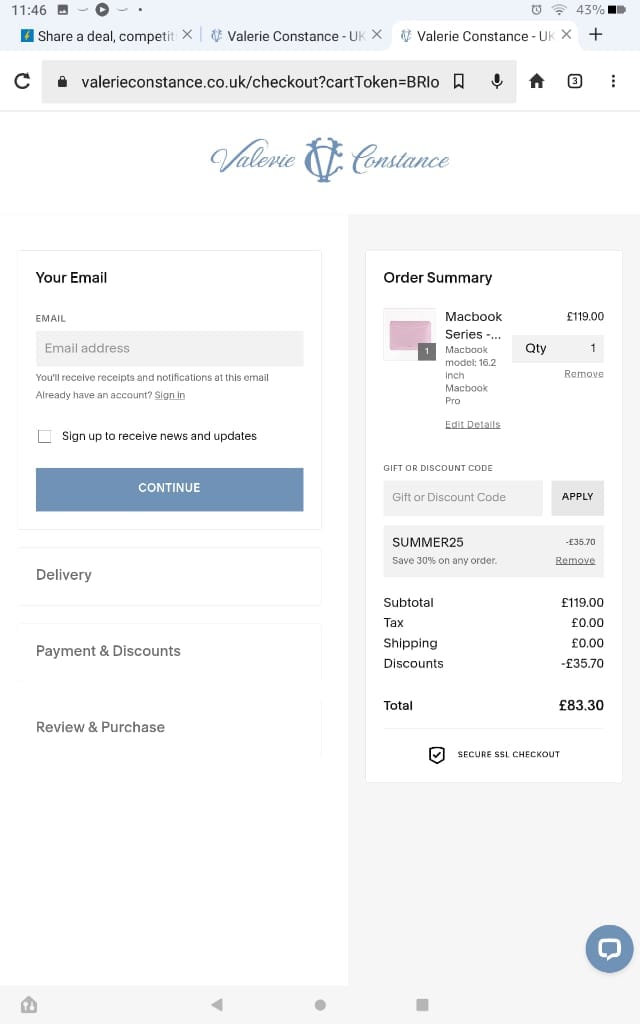 Screenshot of the Valerie Constance discount code working
