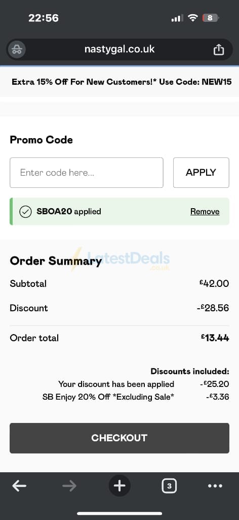 Screenshot of the Nasty Gal discount code working