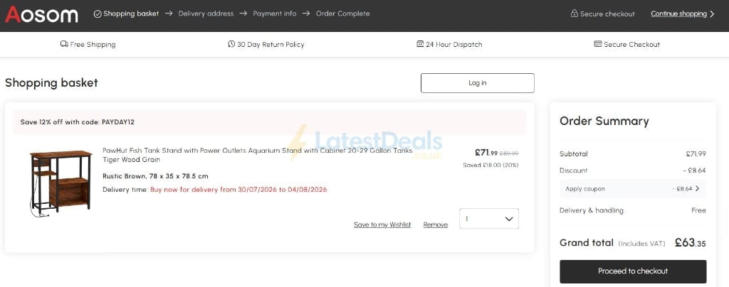 Screenshot of the Aosom discount code working