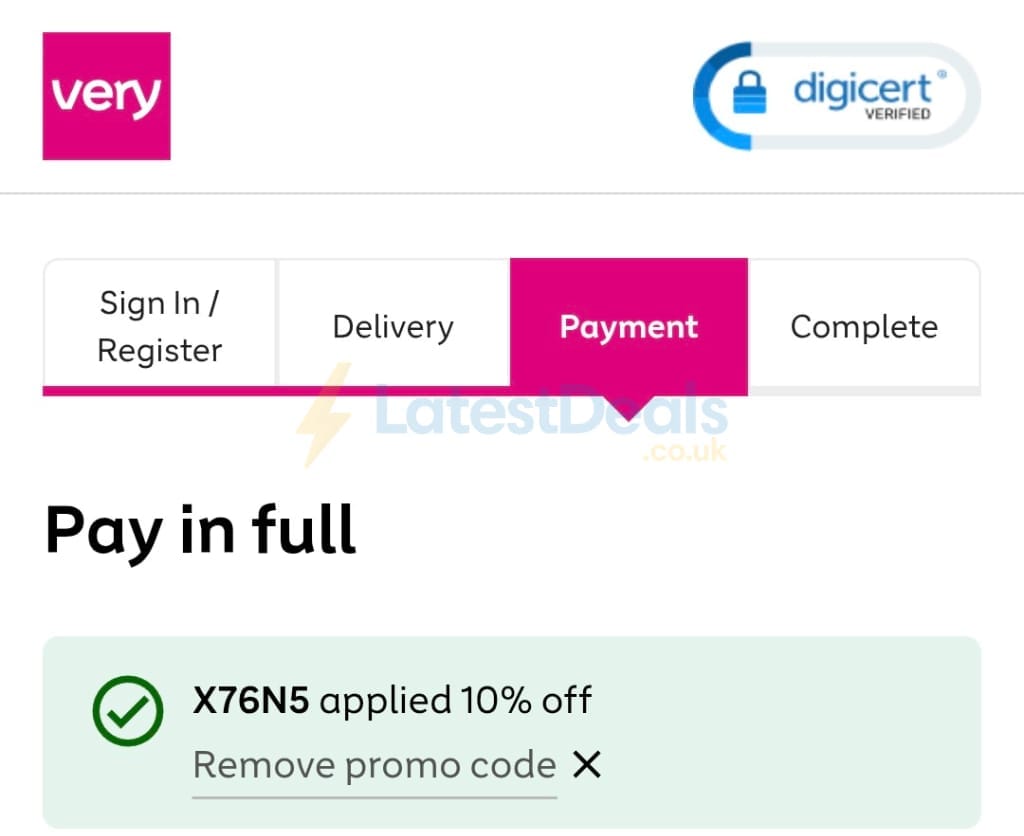 Screenshot of the Very discount code working