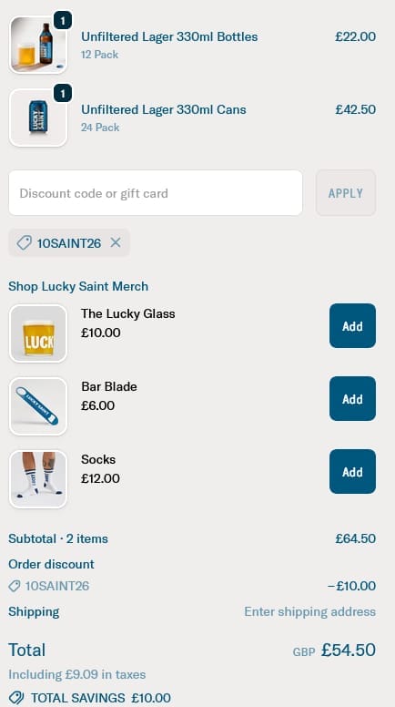 Screenshot of the Lucky Saint discount code working