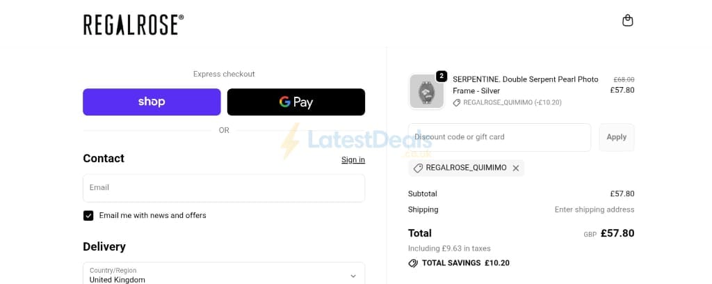Screenshot of the REGALROSE discount code working
