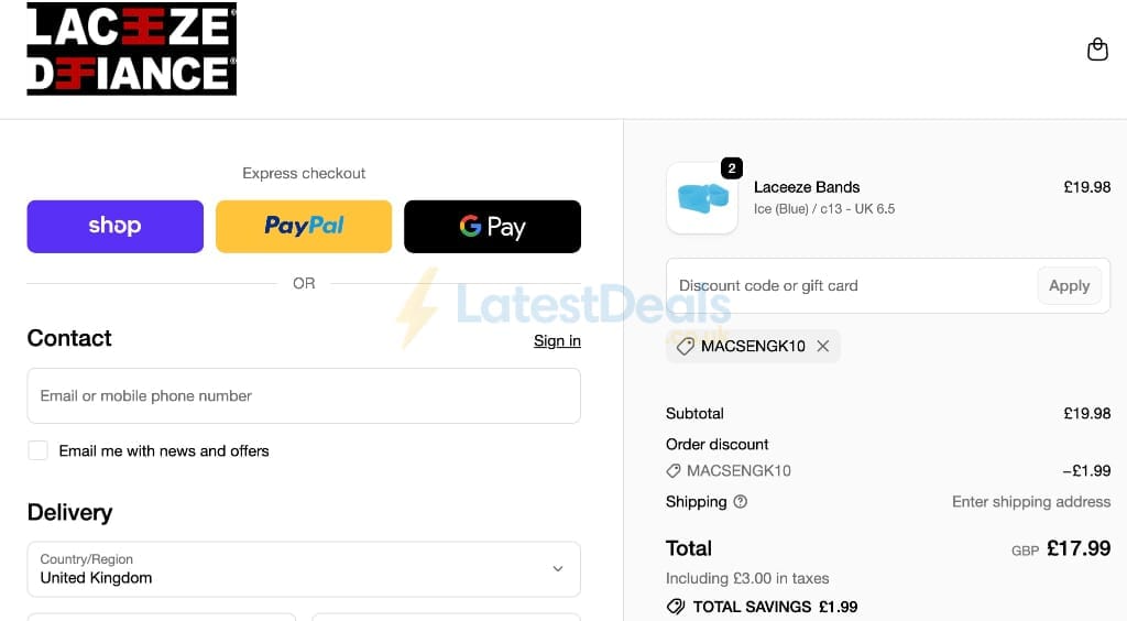 Screenshot of the Laceeze discount code working