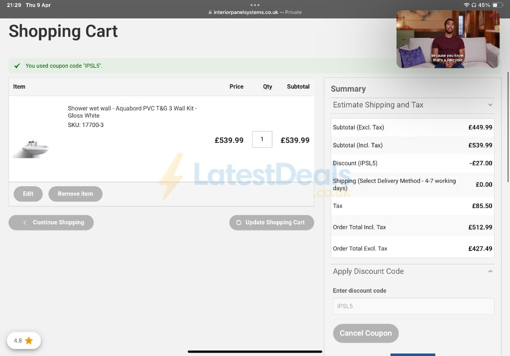 Screenshot of the Interior Panel Systems discount code working
