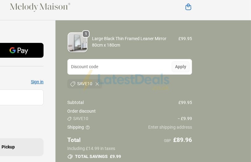 Screenshot of the Melody Maison discount code working