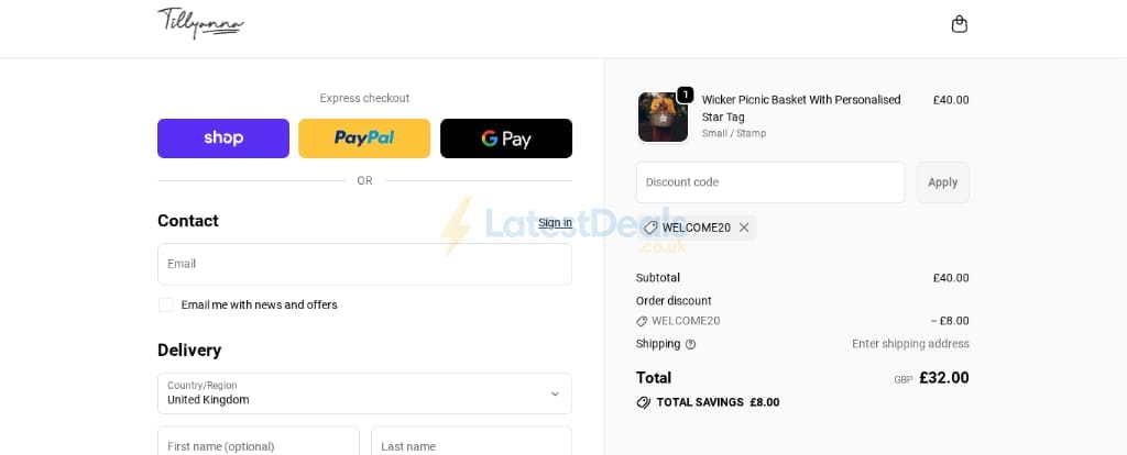 Screenshot of the Tillyanna discount code working