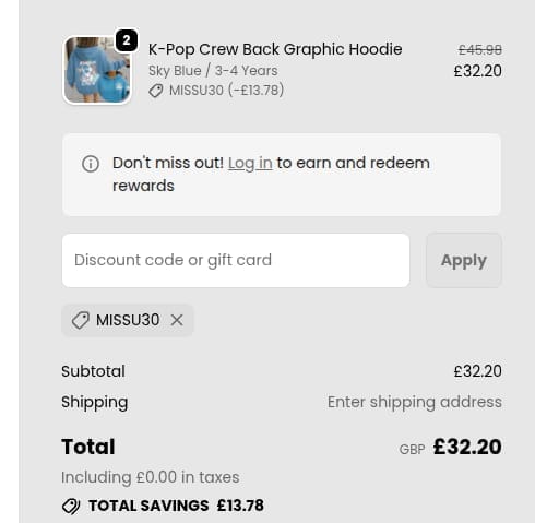 Screenshot of the My Rocking Kids discount code working