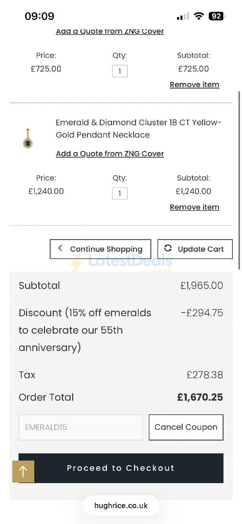 Screenshot of the Hugh Rice discount code working