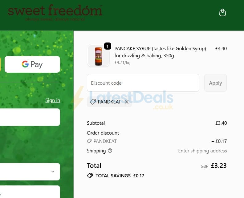 Screenshot of the Sweet Freedom discount code working