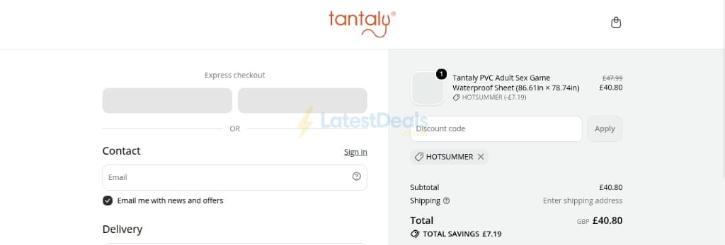 Screenshot of the Tantaly discount code working