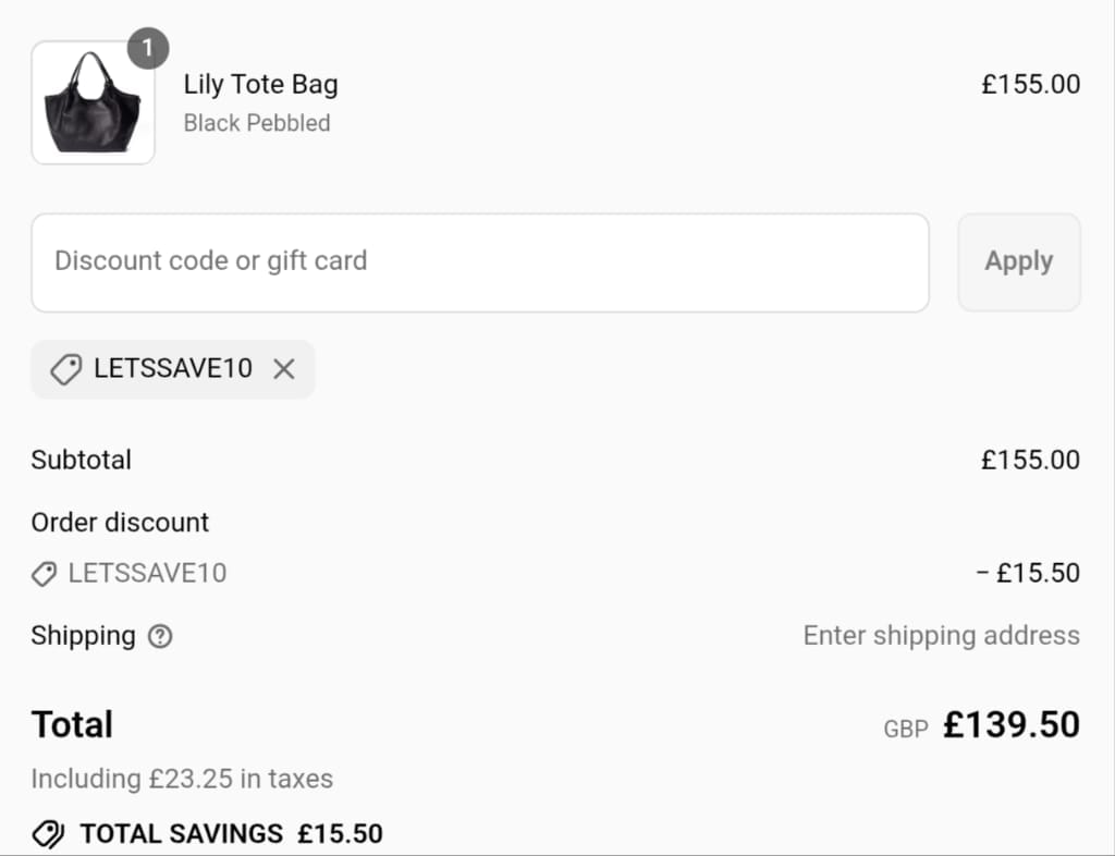 Screenshot of the LRM Goods discount code working